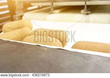Dread Dough Is Ready To Be Placed In A Baking Container. Close-up Shot Of Industrial Dough Roller