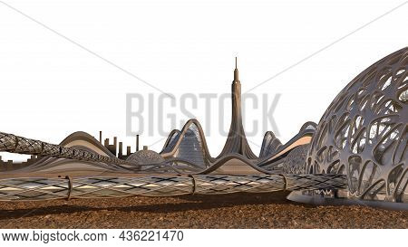 3d Rendering Of A Mars Base Colony Skyline With Futuristic Architecture, Isolated On White With The 
