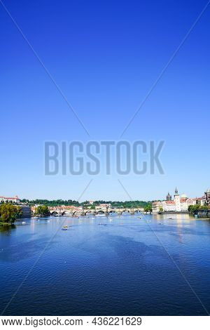 Palacky Bridge With Tramlines And Cables Overlooking Vltava River And City Skyline, Prague, Czech Re