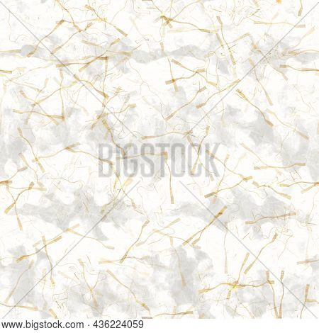 Handmade White Gold Metallic Rice Sprinkles Paper Texture. Seamless Washi Sheet Background. Sparkle 