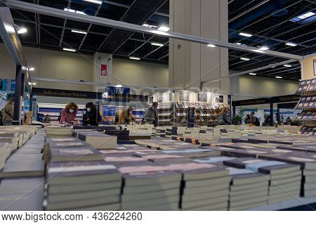 International Book Fair, Turin, Italy - 14 October 2021: Stacks Of Books On Display By The Publisher