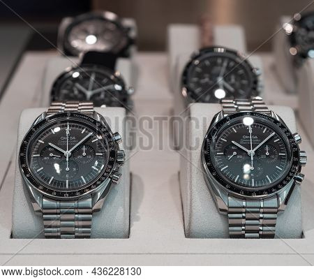 Samnaun, Switzerland - September 28, 2021: Omega Luxury Watches In Display Window In A Duty Free Zon
