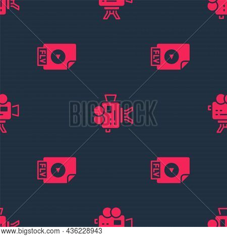 Set Flv File Document And Retro Cinema Camera On Seamless Pattern. Vector