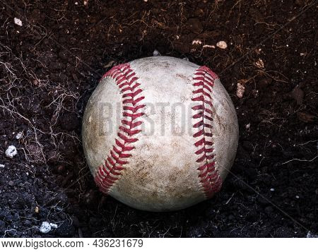 Close Up Sports Background Image Of An Old Used Weathered Leather Baseball Laying In A Pile Of Brown