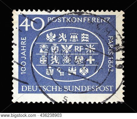 ZAGREB, CROATIA - JUNE 27, 2014: Stamp printed in Germany shows Arms of 18 Participating Countries, 1st International Postal Conference in Paris, 1863, circa 1963