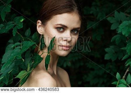 Attractive Woman Cosmetology Nature Green Leaves Glamor Lifestyle