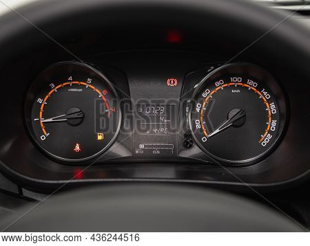 Novosibirsk, Russia - August 31, 2021:  Lada Granta, Car Panel, Digital Bright Speedometer, Odometer