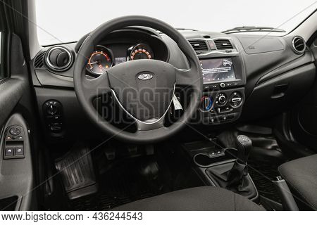 Novosibirsk, Russia - August 31, 2021:  Lada Granta, Steering Wheel, Shift Lever And Dashboard, Clim
