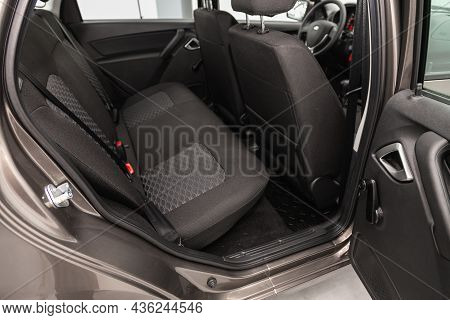 Novosibirsk, Russia - August 31, 2021:  Lada Granta, Car Interior, Part Of Back Seats