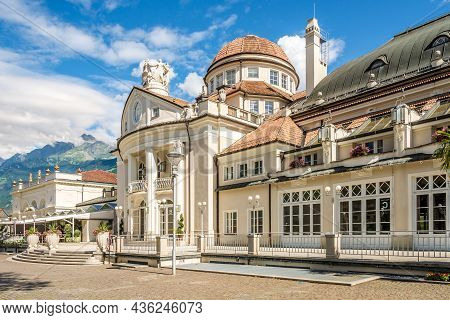 Merano,italy - July 16,2021 - View At The Building Of Spa (kurhaus) In The Streets Of Merano. Merano