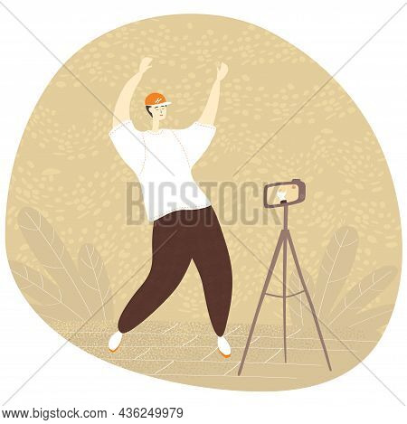Creating Viral Dance Video For Social Media. Male Blogger Influencer Is Making Content For Her Blog.