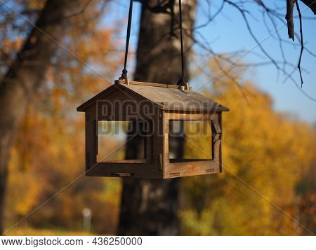 Birdhouse Wooden Feeder On A Background Of An Autumn Landscape. Falling Leaves On A Sunny Day. Happy