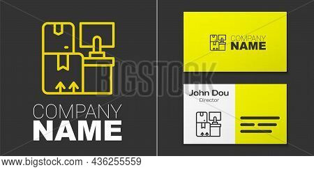 Logotype Line Warehouse Interior With Boxes On Racks Icon Isolated On Grey Background. Logistics, Ca