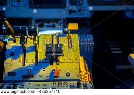 Airplane Steering Wheel. Control Lever For Engines, Landing Gear, Takeoff And Landing Of The Aircraf