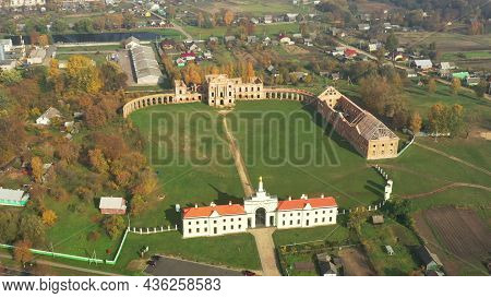 Ruzhany, Brest Region, Belarus. Cityscape Skyline In Autumn Sunny Evening. Aerial Birds-eye View Of 
