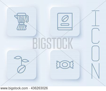 Set Line Coffee Maker Moca Pot, Book, Beans And Candy. White Square Button. Vector