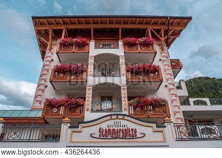 Samnaun, Switzerland - September 28, 2021: Stammerspitze Hotel, Cafe And Restaurant In Ski Resort An