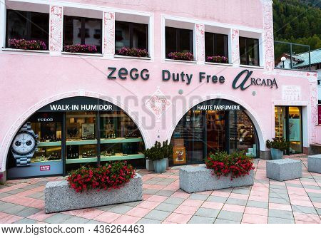 Samnaun, Switzerland - September 28, 2021: Zegg Duty Free Shop Arcada In Swiss Tax Free Zone Samnaun