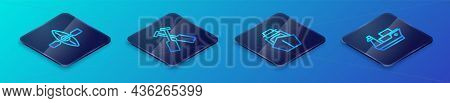 Set Isometric Line Yacht Sailboat, Kayak And Paddle, Cargo Ship And Crossed Oars Or Paddles Icon. Ve