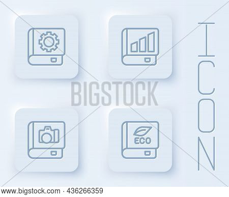 Set Line User Manual, Financial Book, Photo Album Gallery And Book About Ecology. White Square Butto