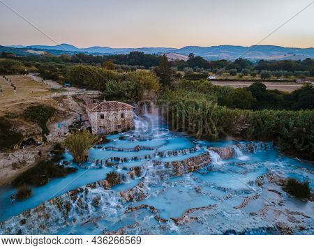 Toscane Italy August 2021, Natural Spa With Waterfalls And Hot Springs At Saturnia Thermal Baths, Gr