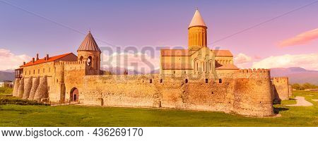Sunset Panorama Banner Of Alaverdi Georgian Eastern Orthodox Monastery In Kakhetia Region In Eastern