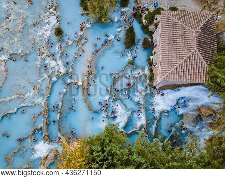 Toscane Italy August 2021, Natural Spa With Waterfalls And Hot Springs At Saturnia Thermal Baths, Gr