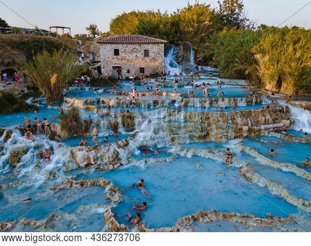 Toscane Italy August 2021, Natural Spa With Waterfalls And Hot Springs At Saturnia Thermal Baths, Gr
