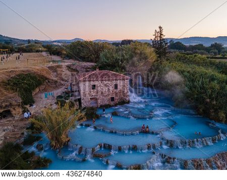 Toscane Italy August 2021, Natural Spa With Waterfalls And Hot Springs At Saturnia Thermal Baths, Gr