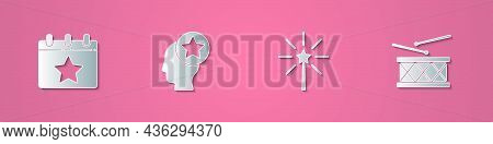 Set Paper Cut Calendar With Date July 4, Usa Head, Firework And Drum And Drum Sticks Icon. Paper Art