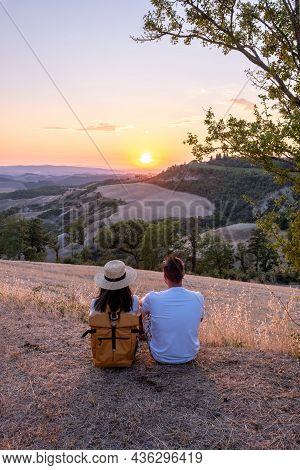 Couple Man And Woman On Vacation In Toscane Italy, Man And Woman Mid Age Visiting Toscany Region On 