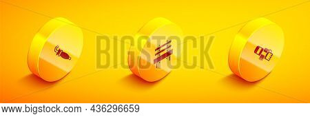 Set Isometric Umbrella, Bench And Winter Scarf Icon. Vector