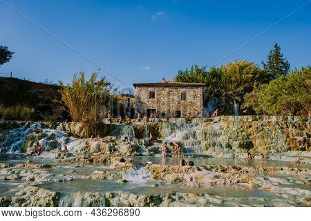 Toscane Italy August 2021, Natural Spa With Waterfalls And Hot Springs At Saturnia Thermal Baths, Gr