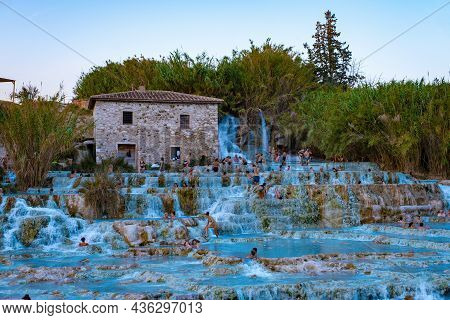 Toscane Italy August 2021, Natural Spa With Waterfalls And Hot Springs At Saturnia Thermal Baths, Gr