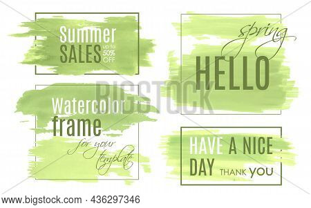Color Smear The Paint. Green Frames Elements. Abstract Grunge Border. Hand Drawn Spray Set. Dirty Sm