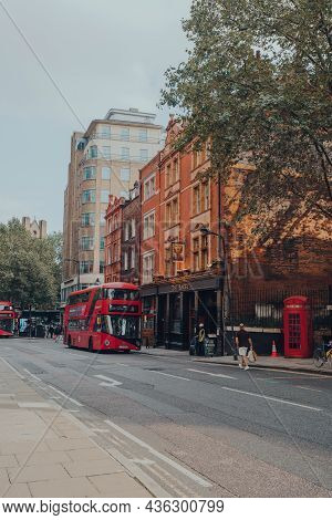 London, Uk - October 09, 2021: Modern Red Double Decker Bus On A Road In Holborn, Central London. Ic