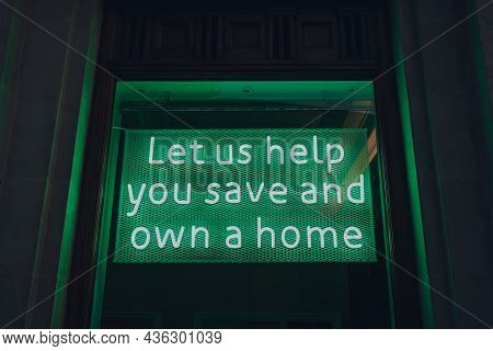 London, Uk - October 09, 2021: Let Us Help You Save And Own A Home Sign In The Window Of Yorkshire B