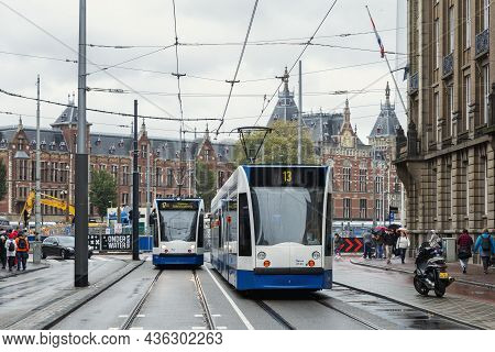 Modern Tram In The City Center. Amsterdam, Netherlands, 10-11-2019.