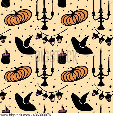Seamless Vector Pattern In Autumn Colors With Halloween Elements Such As Witches Hat, Candles, Pumpk