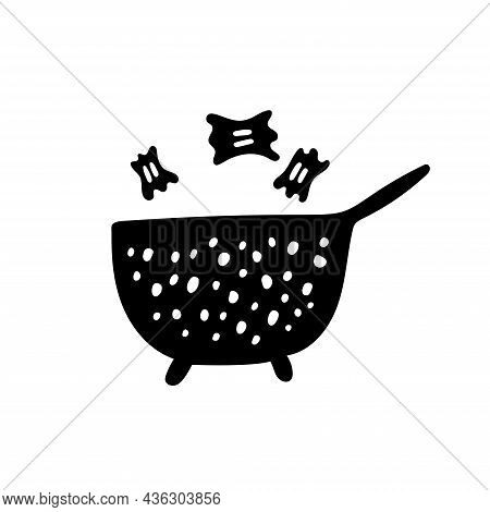 Black Anblack And White Illustration Of A Strainer With Pasta, Kitchen Ware, Utensils. Doodle Vector