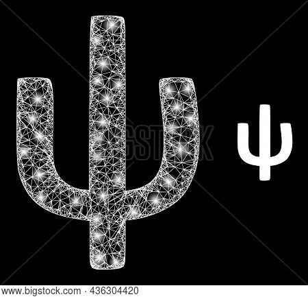 Magic Mesh Vector Psi Greek Lowercase Symbol With Glare Effect. White Mesh, Glare Spots On A Black B