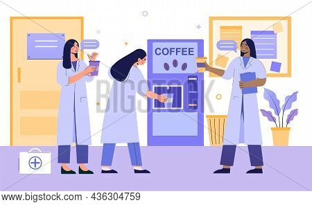 Medics On Coffee Break. Doctors And Nurses Buy Cappuccino In Special Vending Machine. Women In White