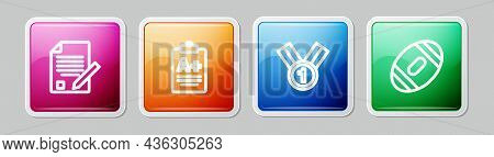 Set Line Exam Sheet And Pencil, With A Plus Grade, Medal And American Football Ball. Colorful Square