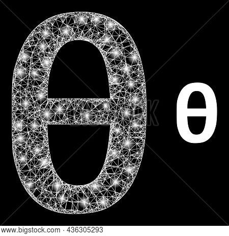 Bright Mesh Vector Theta Greek Lowercase Symbol With Glare Effect. White Mesh, Bright Spots On A Bla