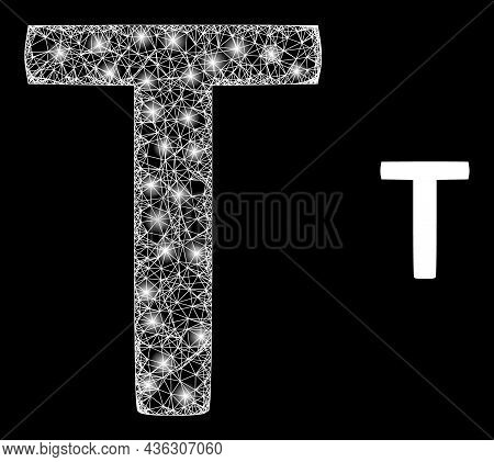 Glossy Mesh Vector Tau Greek Letter With Glare Effect. White Mesh, Glare Spots On A Black Background
