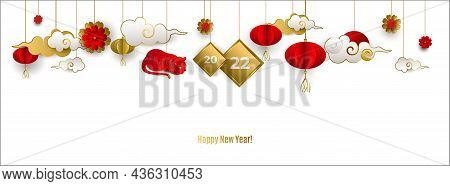 Happy Chinese New Year 2022 Banner With Hanging Red Tiger, Clouds, Lanterns, Flowers On White Backgr
