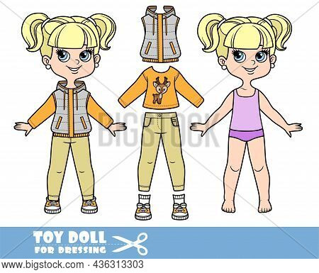 Cartoon Girl With Ponytails  In Underwear, Dressed And Clothes Separately - Long-sleeved T-shirt, Tr