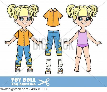 Cartoon Girl With Ponytails  In Underwear, Dressed And Clothes Separately - Orange Short-sleeved Shi
