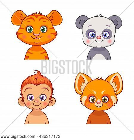 Cute Animal Faces. Vector Illustration Of Asian Animals: Tiger, Panda, Monkey, Red Panda.