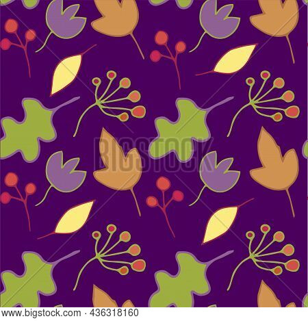 Yellow Orange Green Leaves Red Berry On Violet Seamless Pattern Art Design Elements Stock Vector Ill